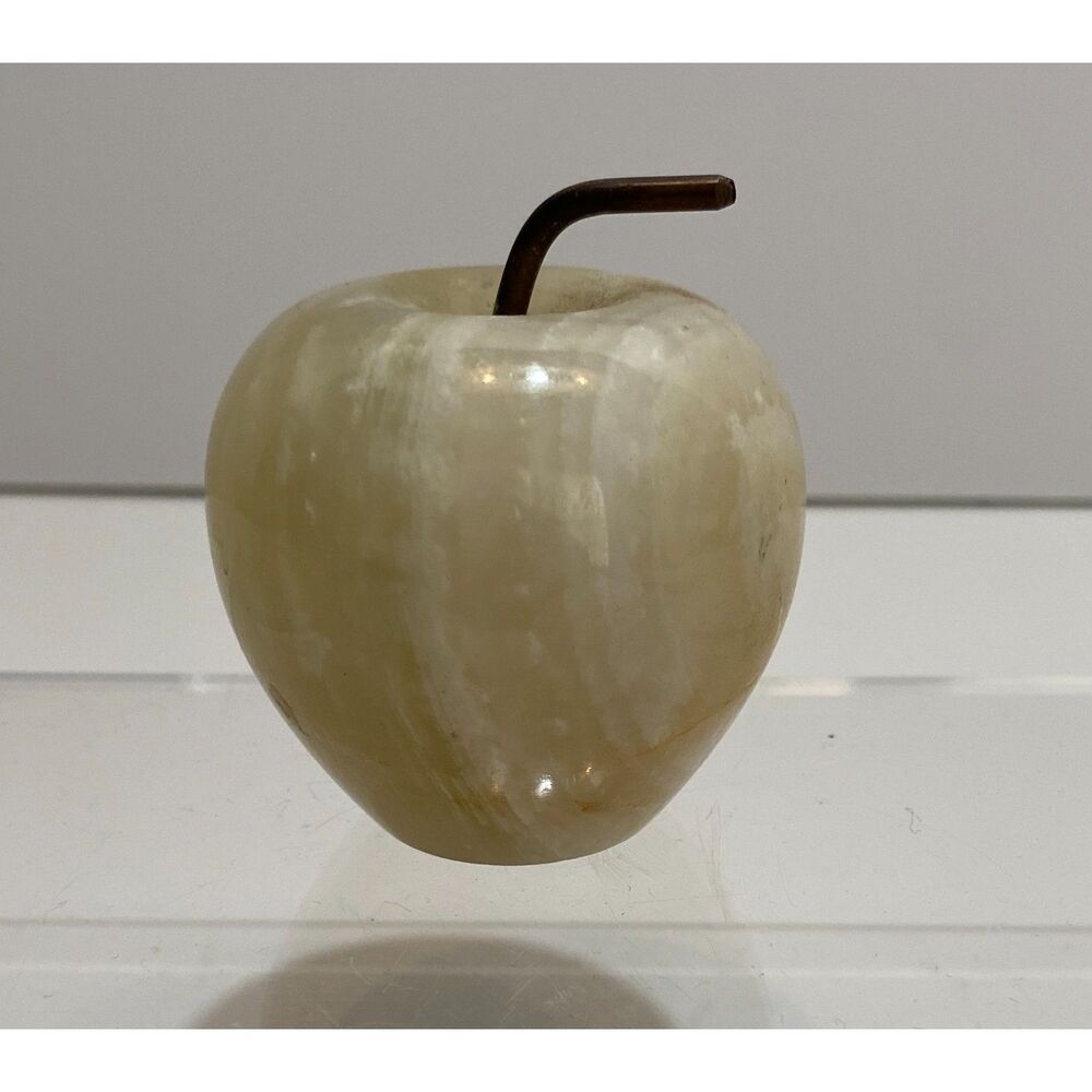 White Beige Pale Green Quartz or Marble Carved Brown Stem Decor Apple